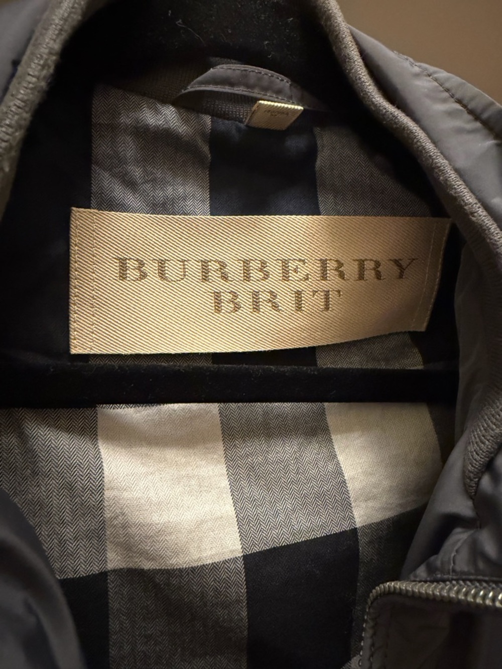 Burberry Gray Bomber Jacket Check Lining. Perfect fall collegiate/ city look.